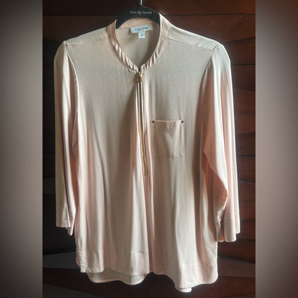 Calvin Klein Pink Tunic with Zipper, one Pocket 3/4 Sleeve Blouse.